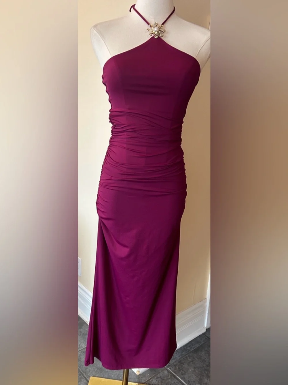 ZARA Ruched Halter Midi Dress in Deep Magenta size medium - Picture 9 of 13